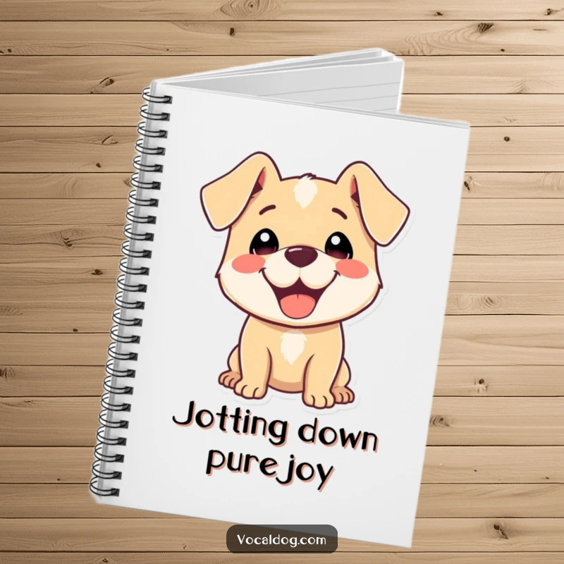 Funny Notebook with a happy dog character, ears flopped back, radiating pure delight for creative thoughts.