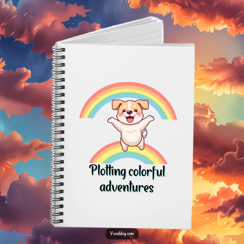 Funny notebook cover art featuring a happy dog jumping over a vibrant rainbow, symbolizing boundless imagination.