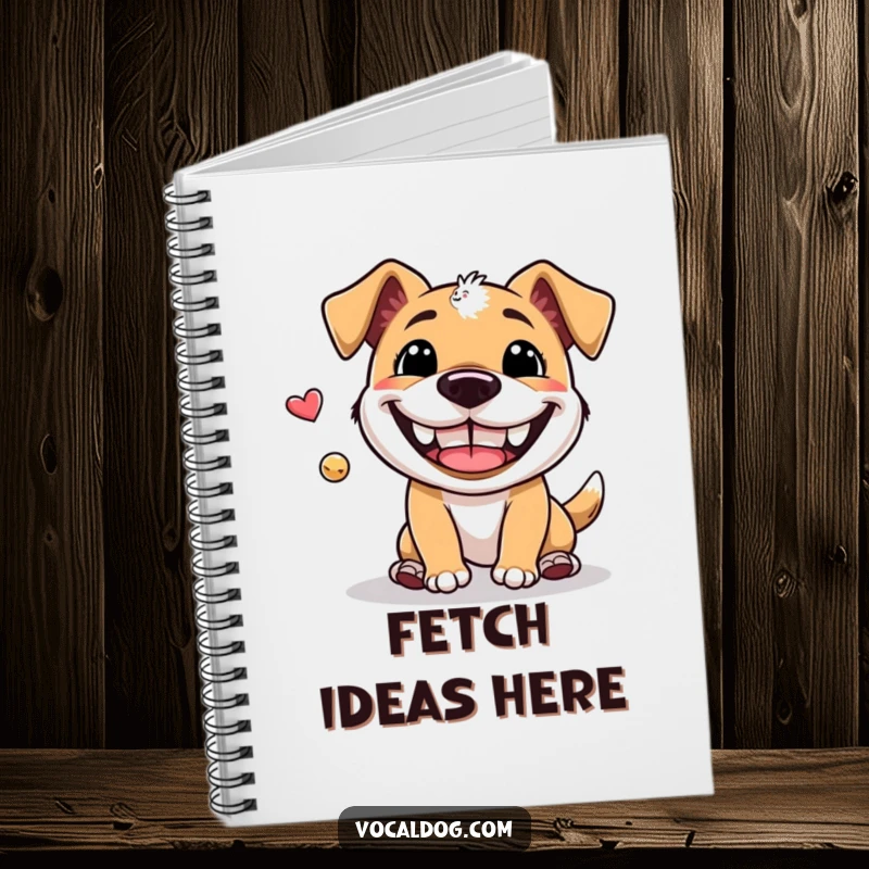 Funny Notebook: A notebook cover featuring a dog with an enormous grin intensely focused on playing fetch, celebrating pure canine happiness.