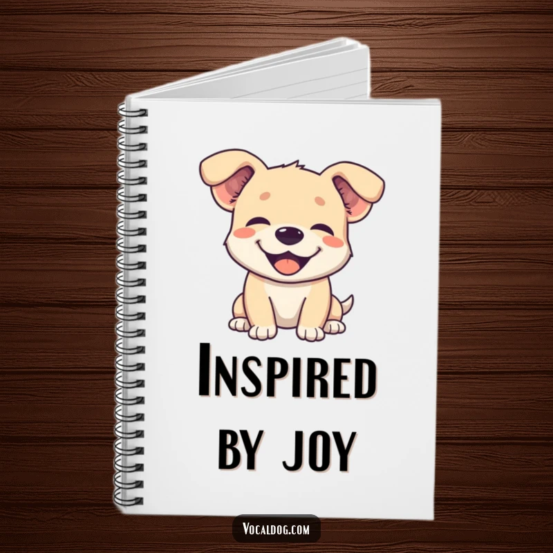 Funny notebook cover with an illustration of a dog character with its ears comically flopped back in a state of pure bliss.