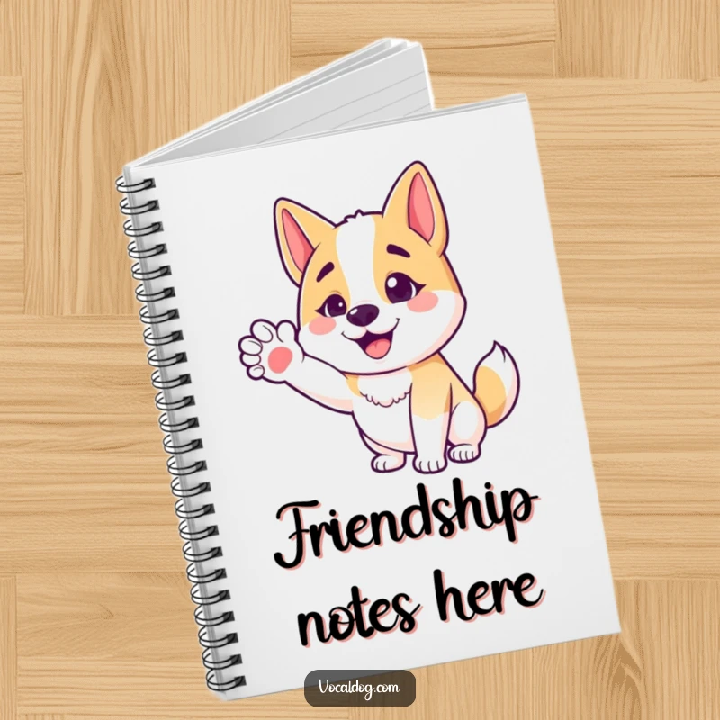 Funny notebook featuring a happy dog character with an outstretched paw, offering a friendly gesture for note-taking.