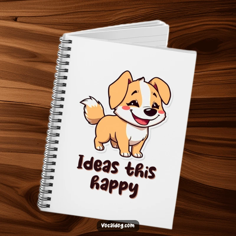 Funny notebook featuring a dog character with a goofy grin and a tail blurred from energetic wagging, perfect for happy thoughts.