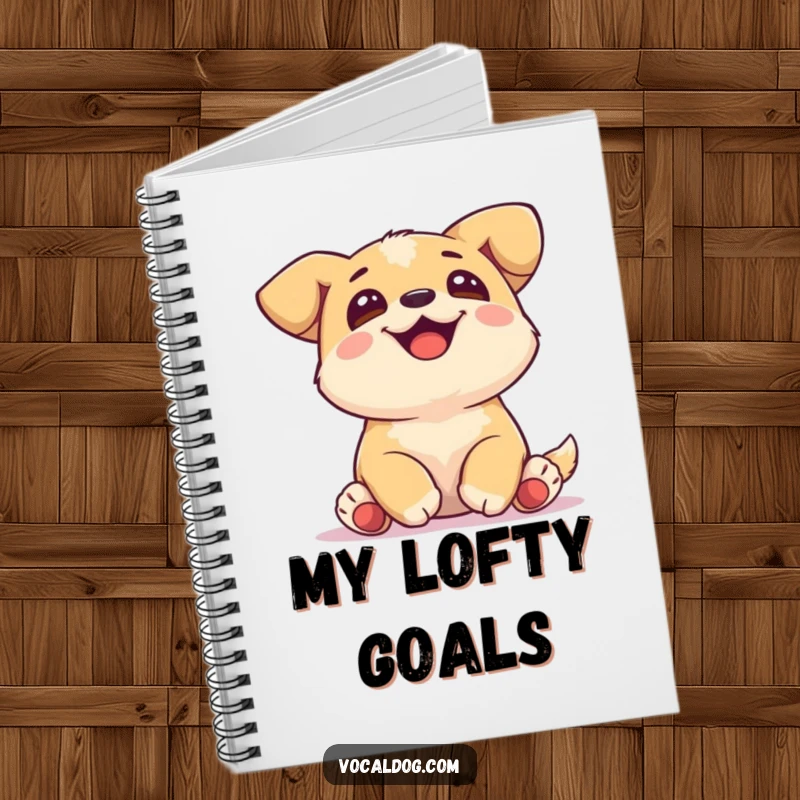 Funny Notebook with a joyful dog, paws tucked, gazing upwards, perfect for notes and peaceful reflections.