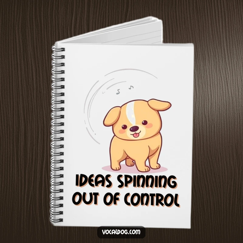Funny Notebook cover depicting a dog's tail wagging so fast it creates a vortex, inspiring humor and energetic thoughts.