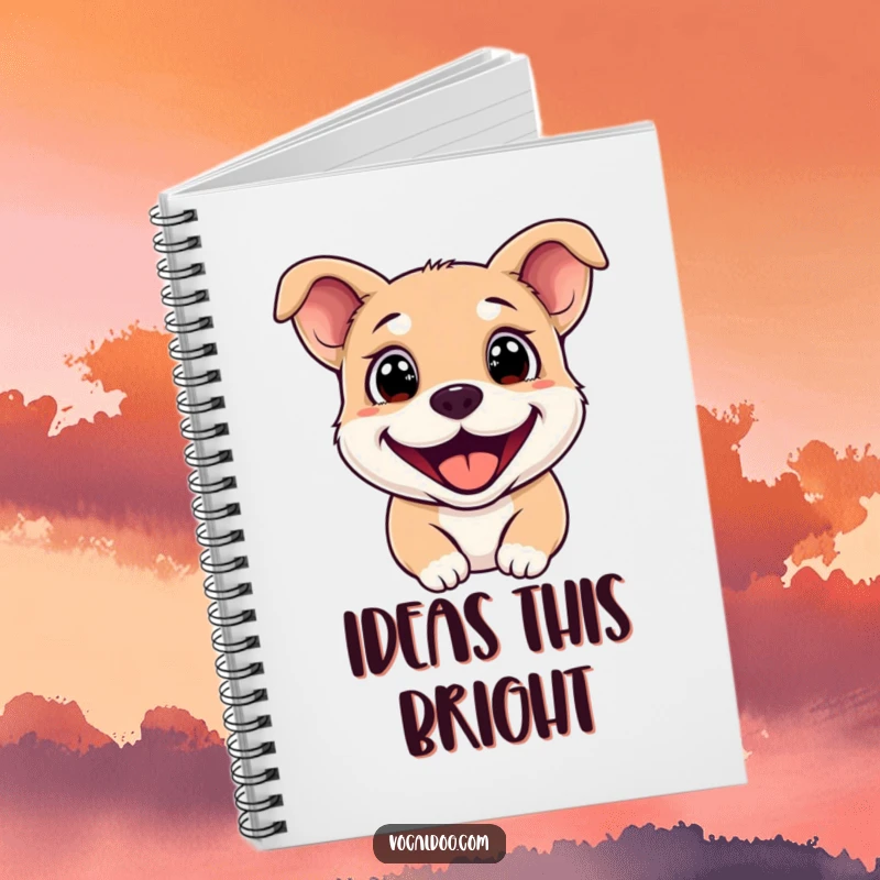 Funny Notebook with a happy dog whose eyes sparkle and grin is wide, perfect for notes and doodles.
