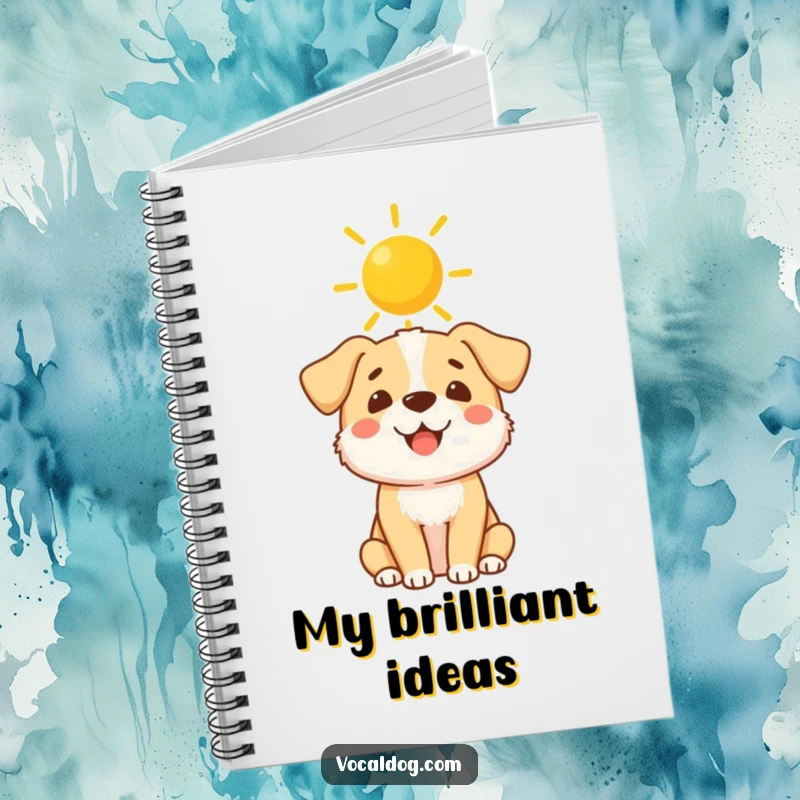 Funny Notebook: A happy dog with a glowing sunshine halo, inspiring creativity and jotting down notes with divine humor.
