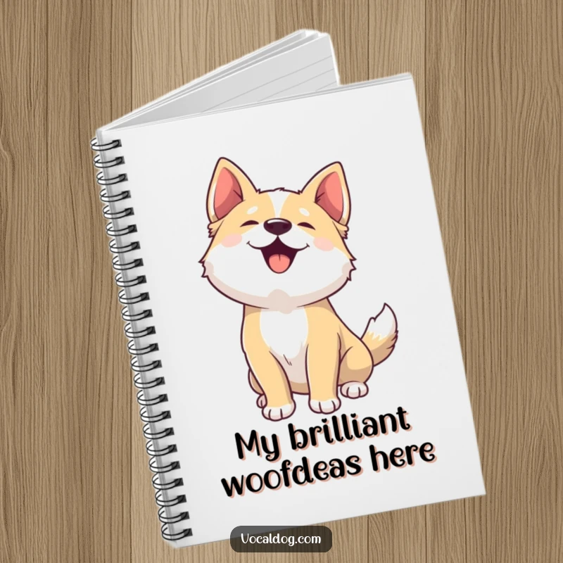 Funny notebook cover with a dog joyfully woofing, head back, capturing humorous canine energy for note-taking.