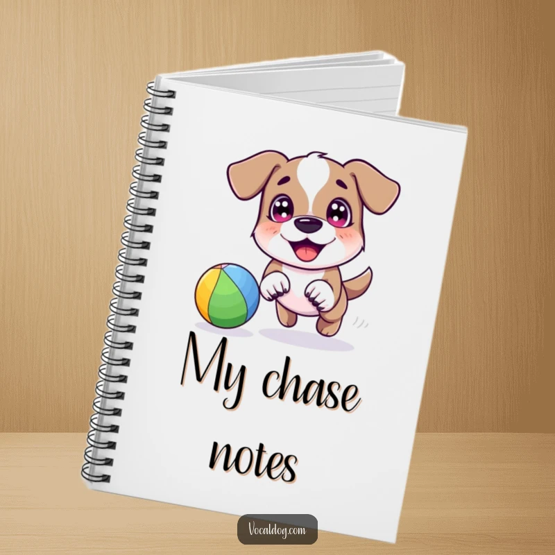 A happy dog character joyfully chasing a bright rainbow-colored ball with excited eyes, featured on the cover of this notebook for playful inspiration.