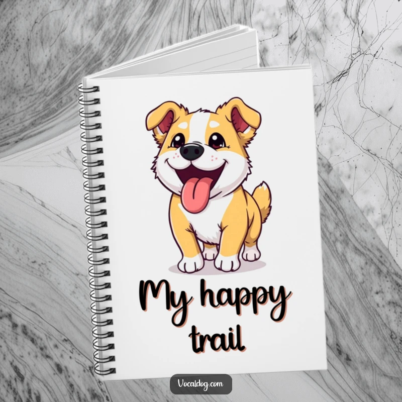 Funny dog notebook featuring an ecstatic dog with its tongue sticking out, symbolizing energetic thoughts and ideas.