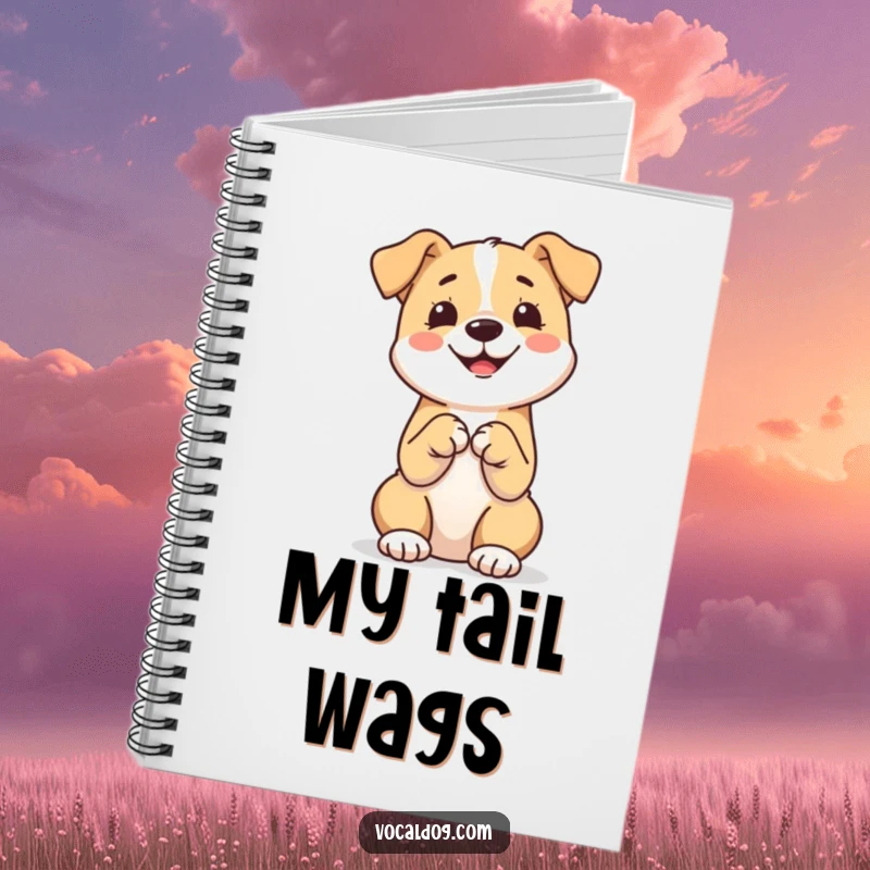 Funny notebook cover with a dog sitting happily with paws together, inspiring humorous notes and dog-related thoughts.