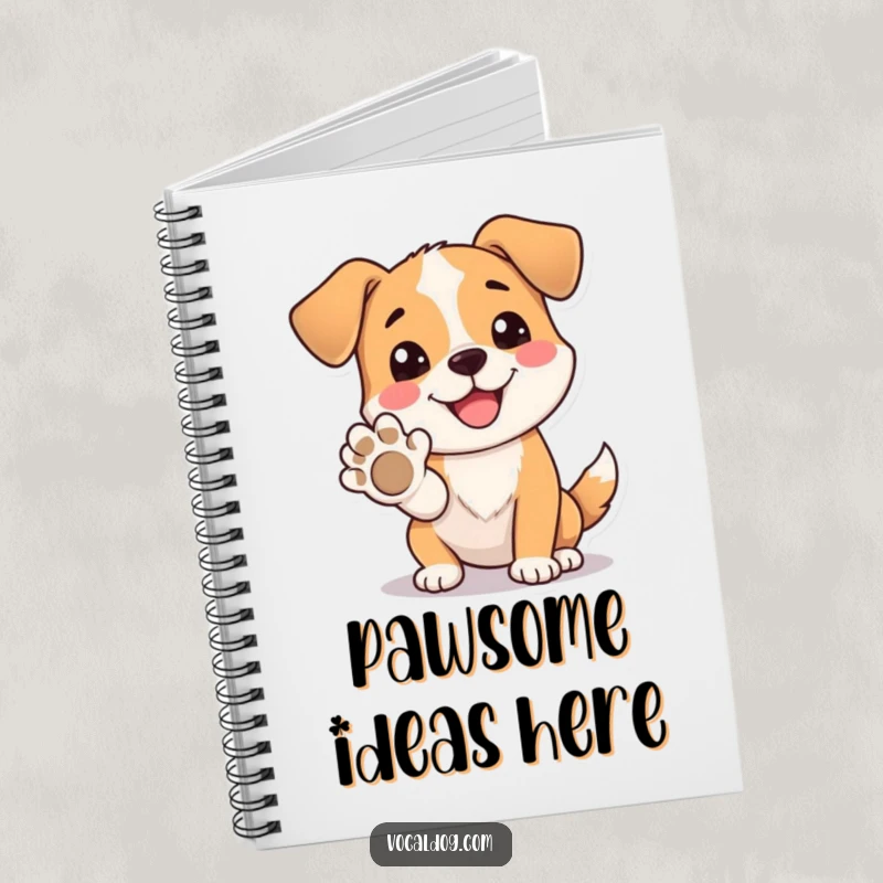 Funny Notebook cover with a dog beaming happily while offering its paw, ideal for jotting down friendly thoughts.