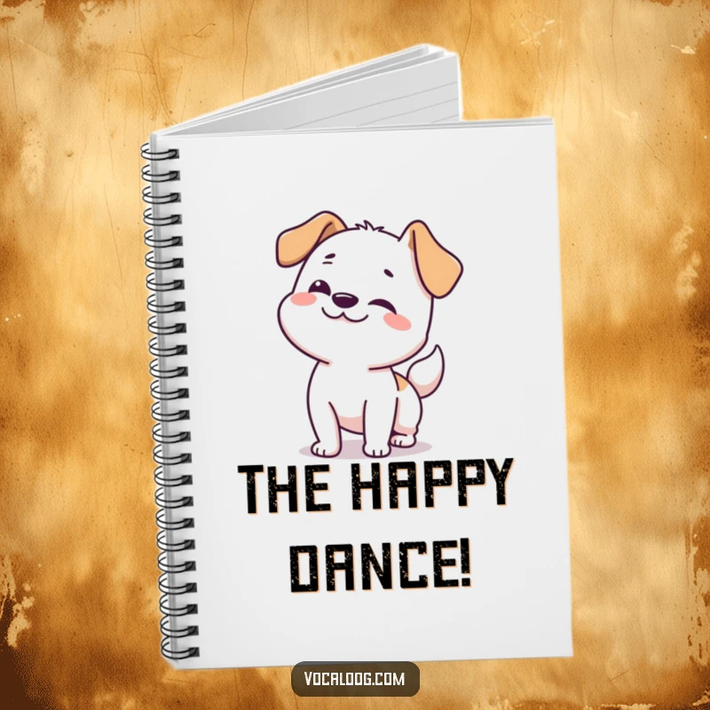 Funny dog notebook with a happy dog doing a full-body wiggle from nose to tail, perfect for journaling.
