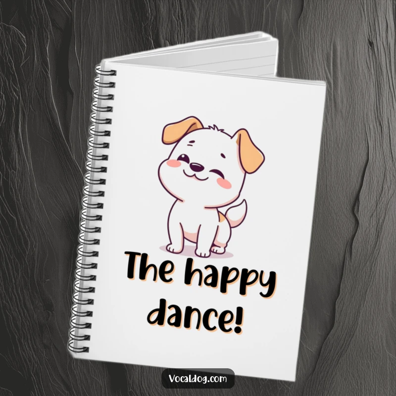 Funny dog notebook with a happy dog doing a full-body wiggle from nose to tail, perfect for journaling.