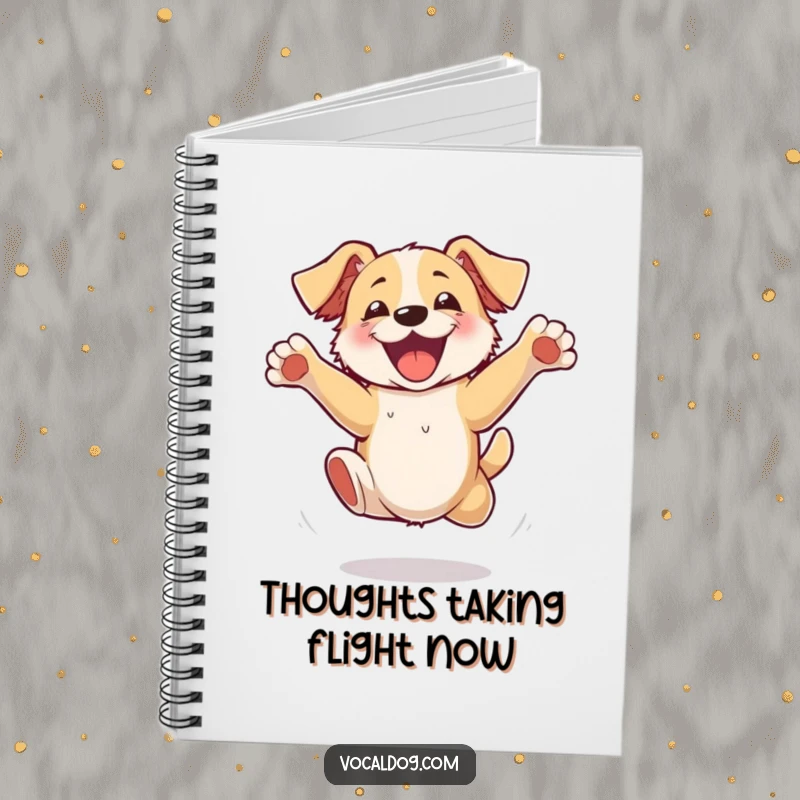 Funny Notebook cover depicting a dog jumping with unrestrained excitement and flailing paws, inspiring humor and happy thoughts.