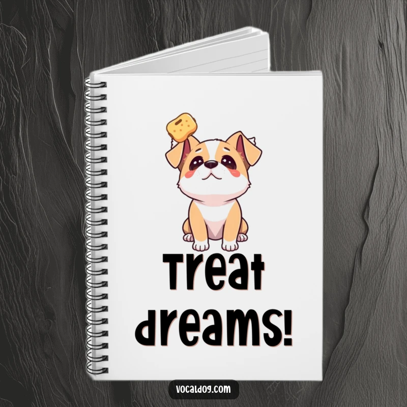 Funny dog notebook with a dog gazing upwards with adoration at a floating treat, perfect for journaling goals.