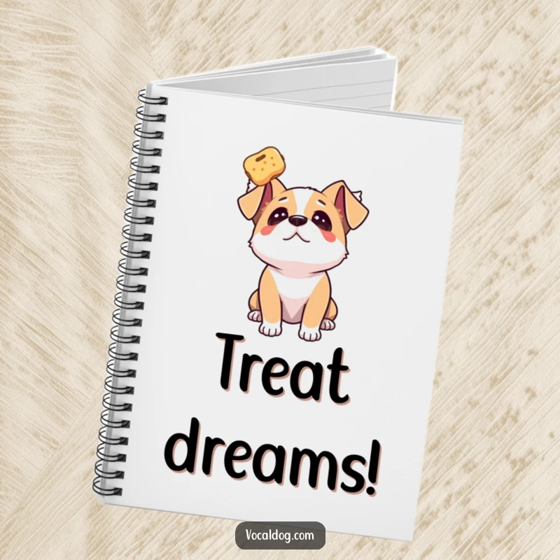 Funny dog notebook with a dog gazing upwards with adoration at a floating treat, perfect for journaling goals.