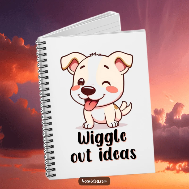 Funny Notebook cover with a dog doing a happy wiggle, ideal for jotting down joyous thoughts and ideas.