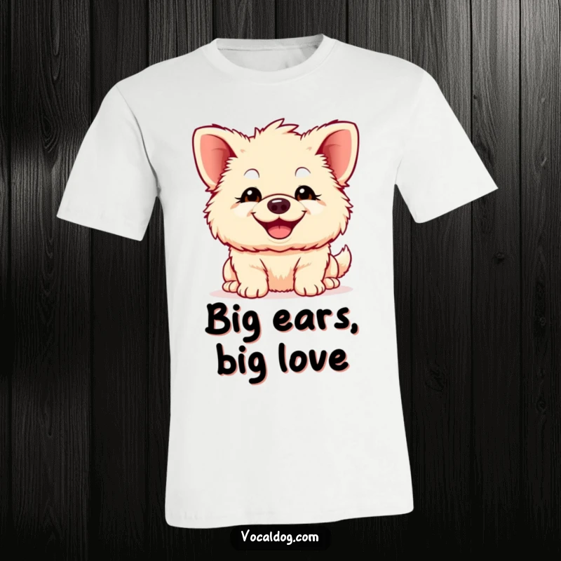 Funny fluffy dog t-shirt, featuring exaggeratedly large ears and a huge, happy smile, capturing the essence of pure, unadulterated doggy delight.
