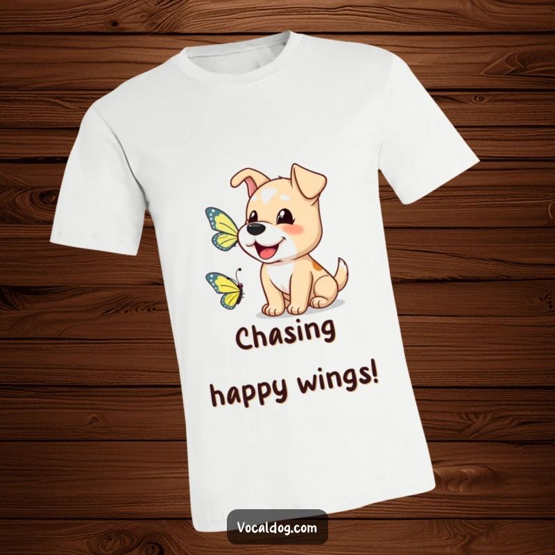 Funny dog t-shirt depicting a happy dog barking a cheerful greeting to a butterfly, symbolizing joy and nature.