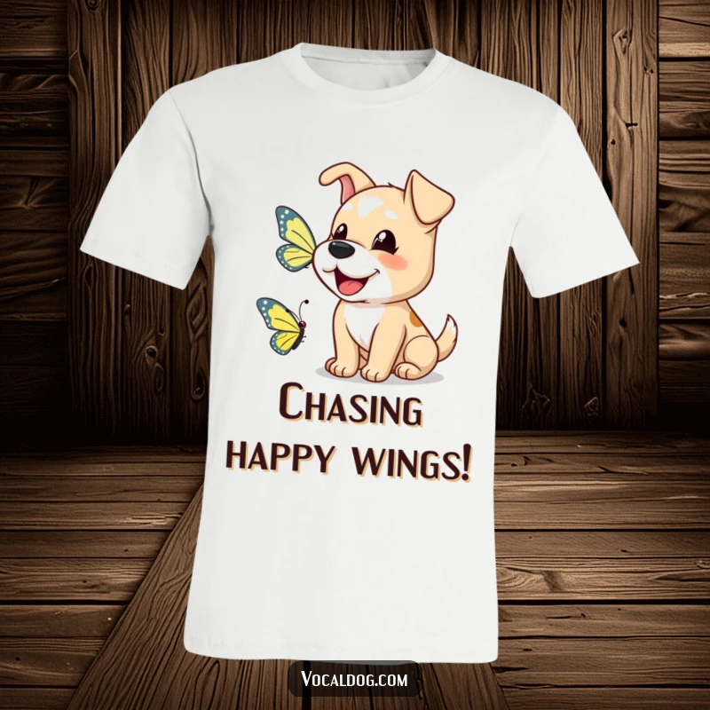 Funny dog t-shirt depicting a happy dog barking a cheerful greeting to a butterfly, symbolizing joy and nature.