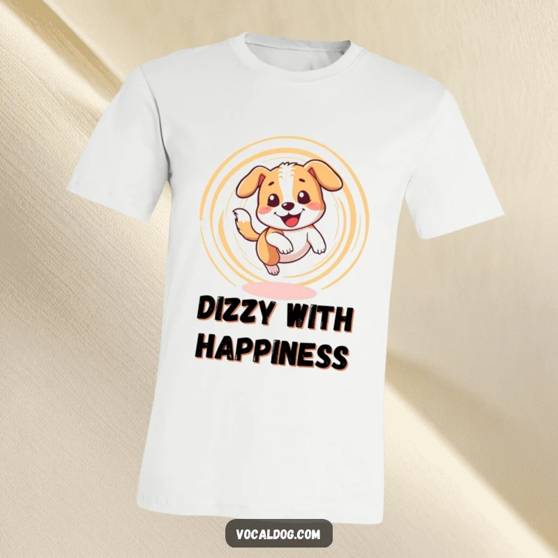 Funny t-shirt of a dog character happily spinning in a dizzy circle while enthusiastically chasing its own tail.