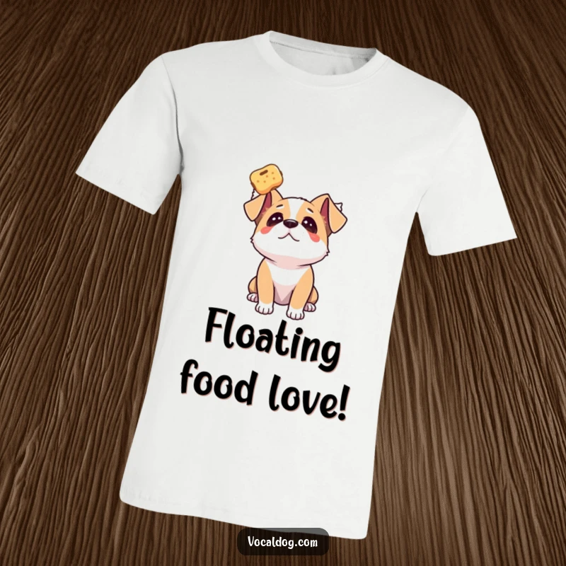 Funny dog t-shirt showcasing a dog gazing upwards with pure adoration at a floating treat, symbolizing desire.