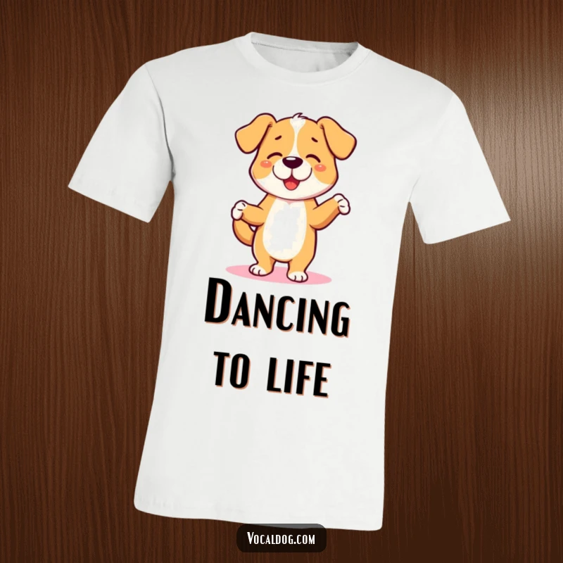 Funny t-shirt with a dog character joyfully performing a jig with its paws, full of energy. A lively funny gift.
