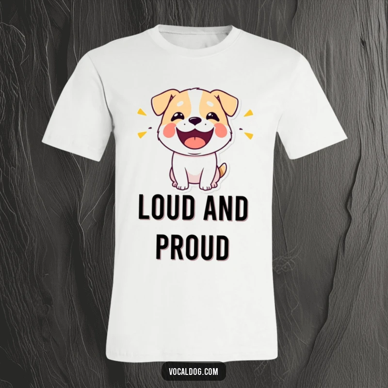 Funny t-shirt with a stylized dog character loudly expressing pure happiness through its wide-open, sound-emitting mouth.