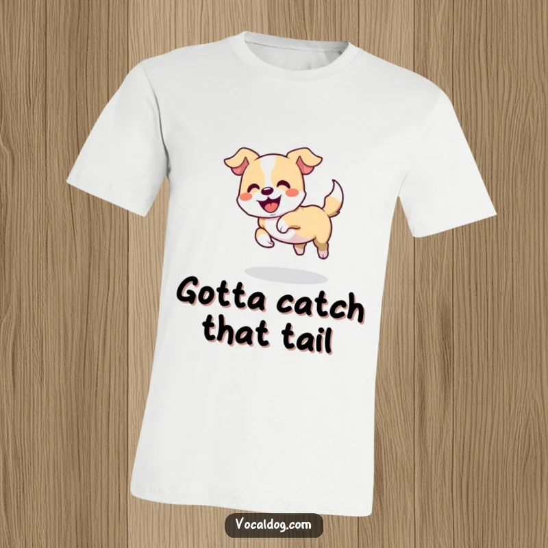 Funny t-shirt graphic of a dog playfully chasing its tail in a delighted circle, full of energetic fun, perfect present.
