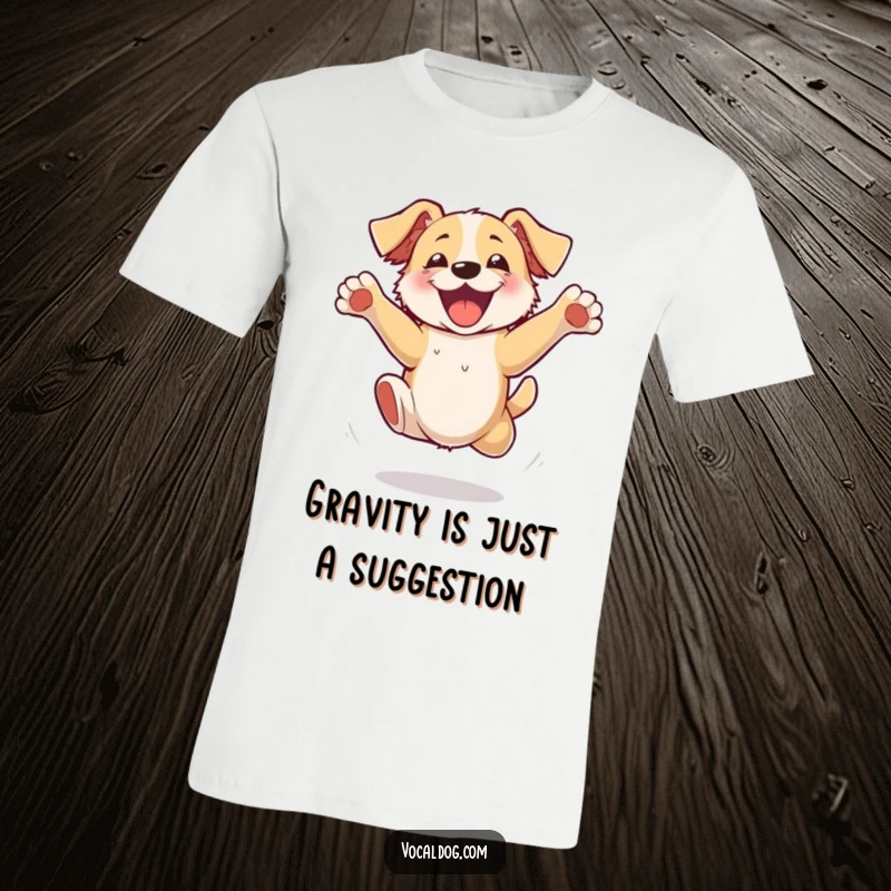 Funny T-Shirt with a dog joyfully jumping high, its paws comically flailing in an explosion of unrestrained, hilarious excitement.