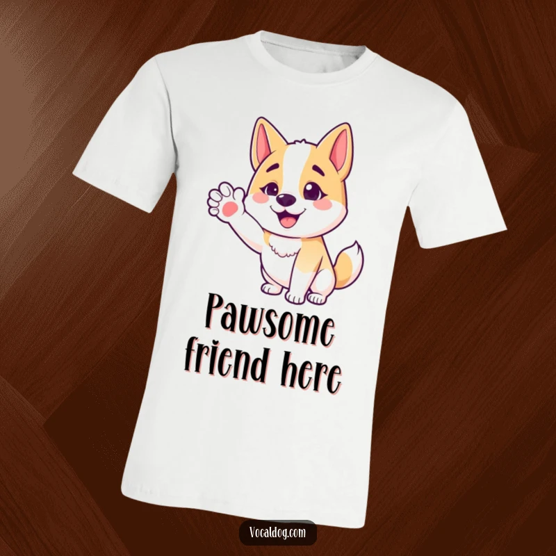 Funny t-shirt featuring a happy dog character with an outstretched paw, offering a universally friendly and welcoming gesture.
