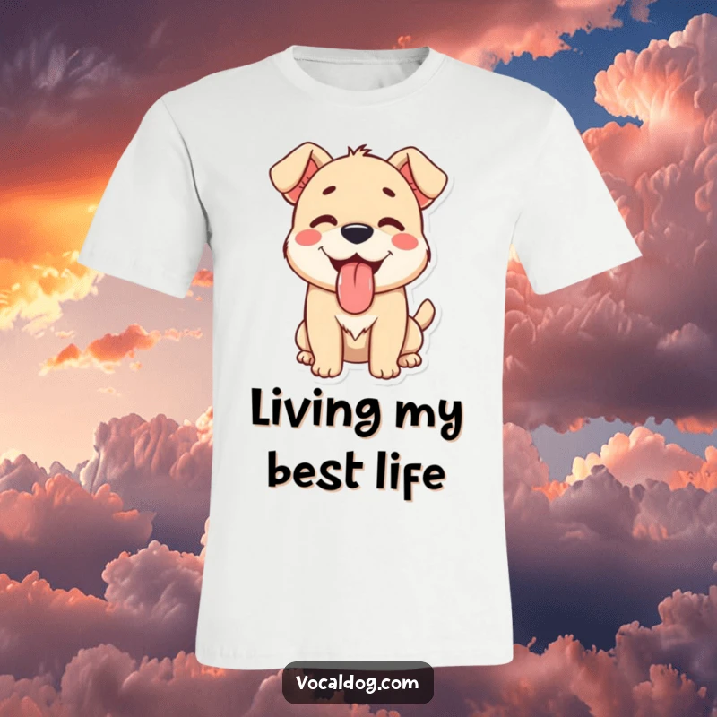 A happy dog character with its long tongue lolling out, looking utterly content and joyful on this funny t-shirt.