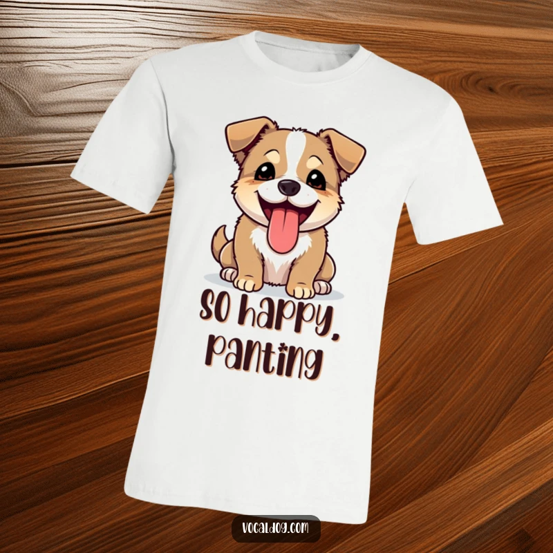 Funny t-shirt featuring a happy dog panting with its tongue lolling out, radiating pure joy and excitement.
