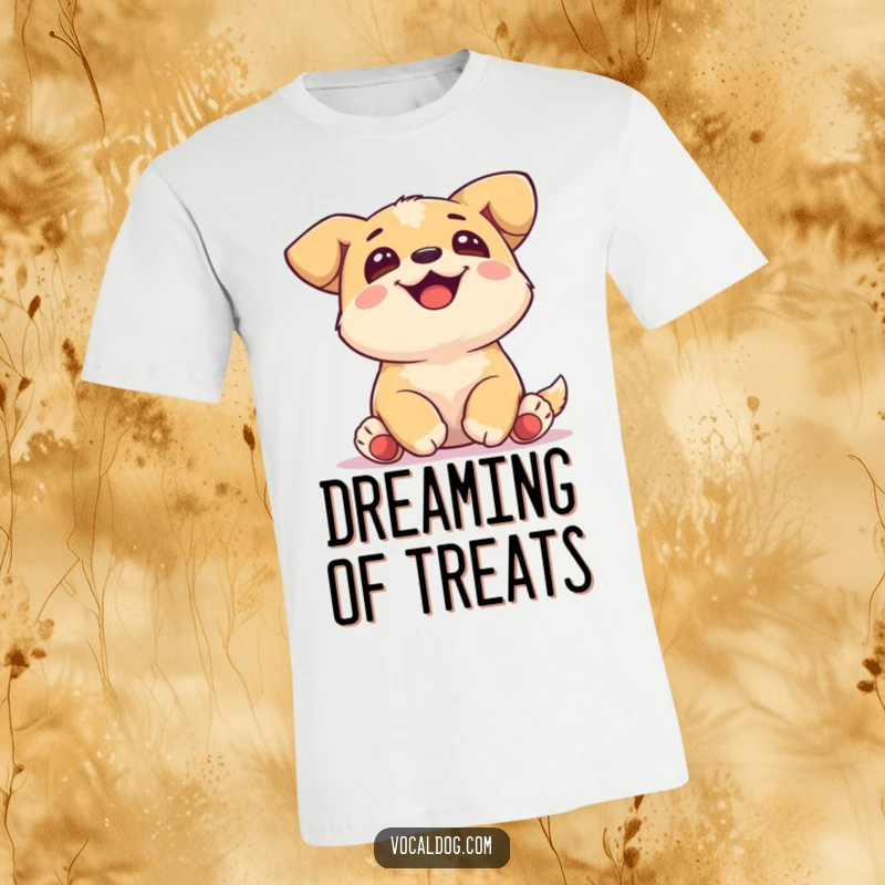 Funny T-Shirt displaying a joyful dog with paws tucked neatly, gazing upwards with a serene and happy expression.