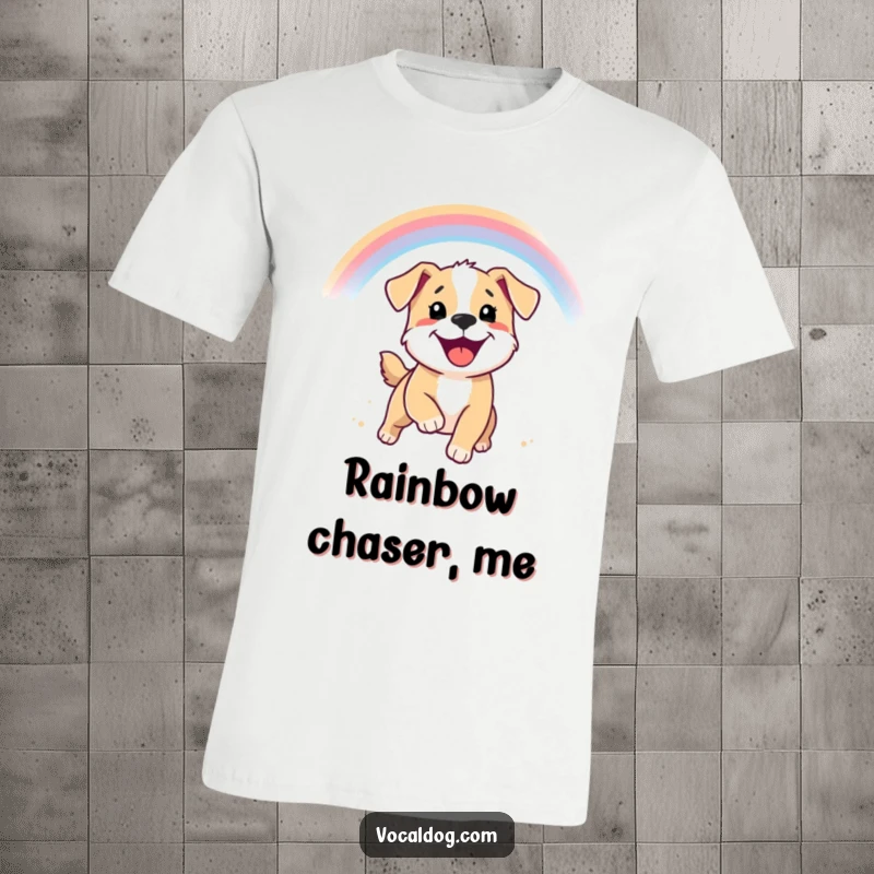 Funny t-shirt with a smiling puppy chasing a rainbow, radiating pure joy and optimistic energy.