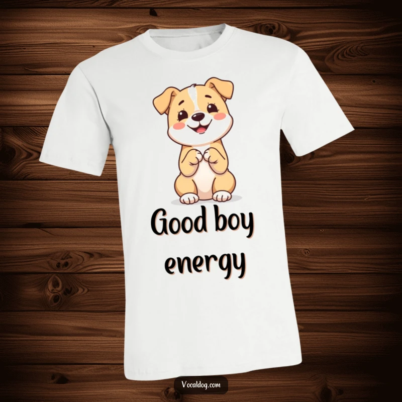Funny t-shirt depicting a dog sitting calmly with paws together, conveying a sense of happiness, peace, and good manners.