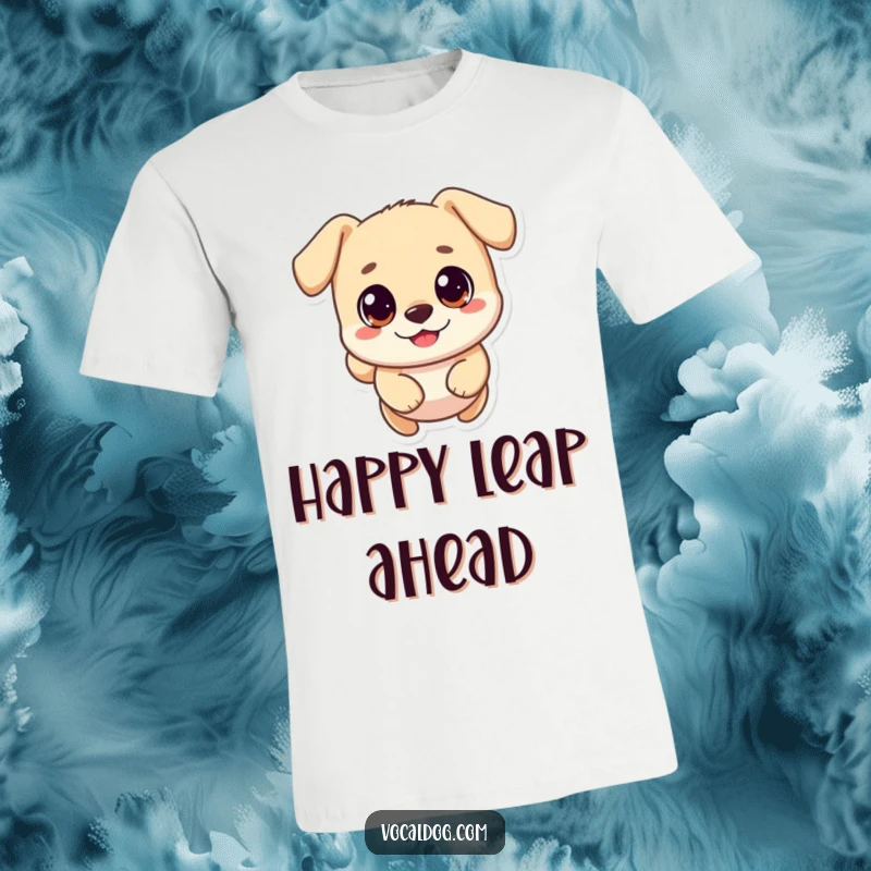 Funny t-shirt with a small, round dog character leaping happily, big eyes wide with excitement, perfect for dog lovers.