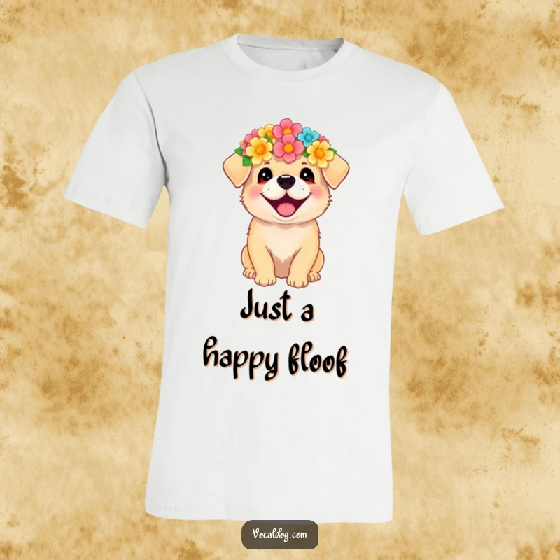 Funny t-shirt of a dog wearing a floral crown, looking incredibly happy and radiating pure, cheerful vibes.