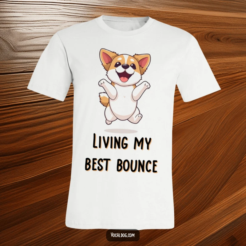 Funny dog t-shirt, depicting a dog soaring high in the air with a look of absolute bliss and ecstatic delight, full of energy.