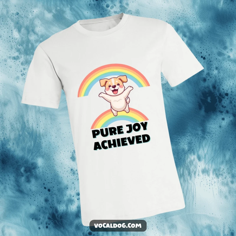Funny t-shirt depicting a happy dog mid-air, leaping over a bright, magical rainbow with pure excitement.