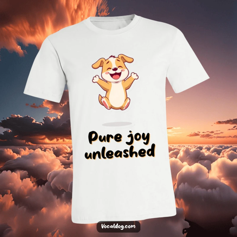 Funny t-shirt of a dog character joyfully bouncing on its hind legs, radiating infectious excitement and energy.