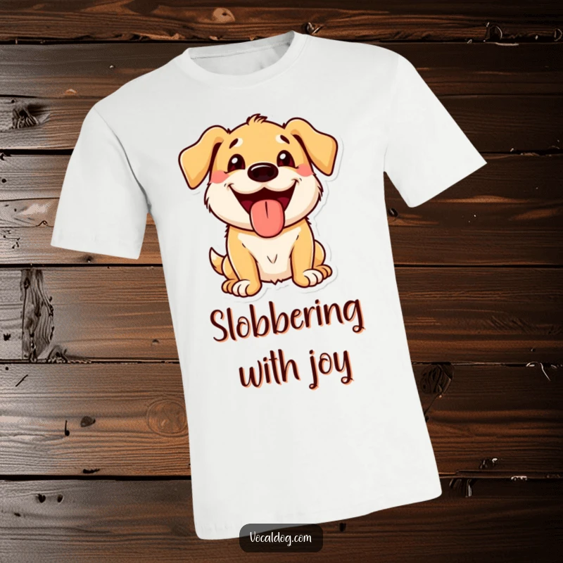 Funny T-Shirt depicting a dog character with a broad, beaming grin and its tongue out in a happy, playful manner.