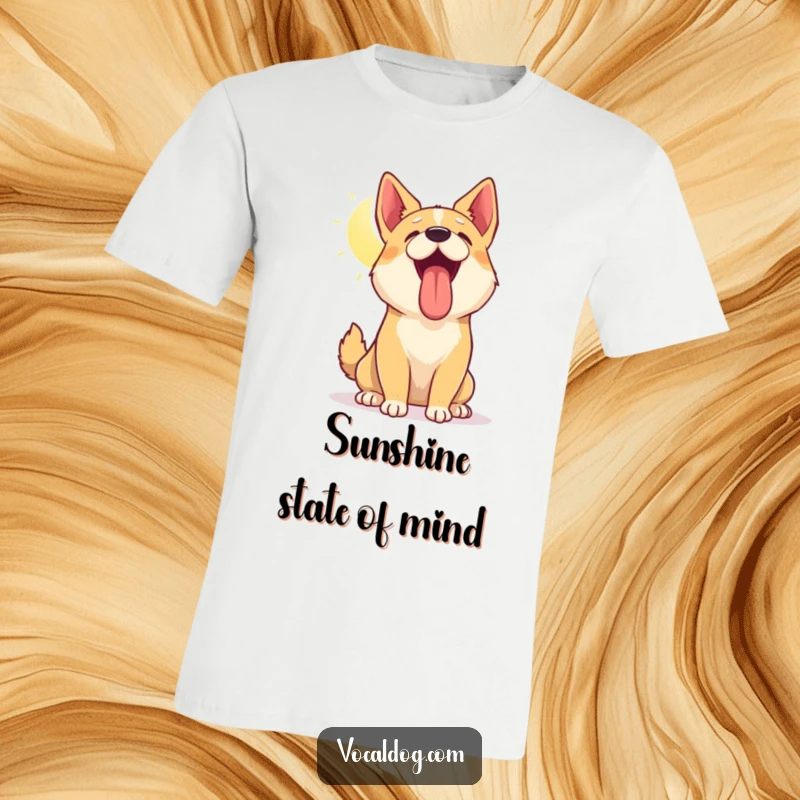 Funny t-shirt graphic of a dog with head tilted up, panting happily in sunlight, radiating warmth and joy, perfect present.