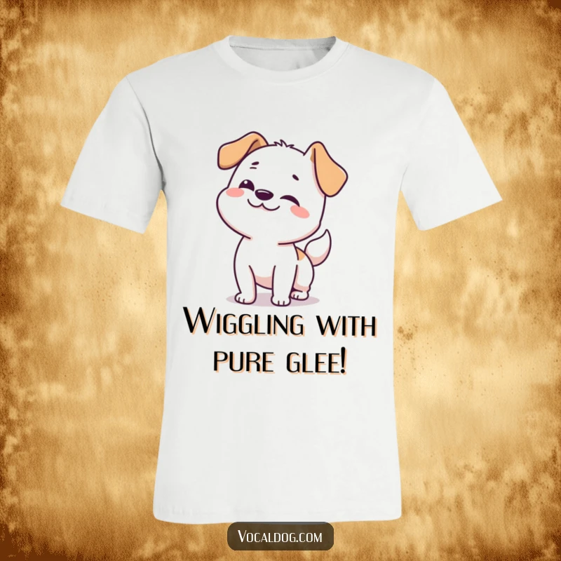 Funny dog t-shirt showcasing a dog's full-body happy wiggle, from nose to tail, full of excitement.