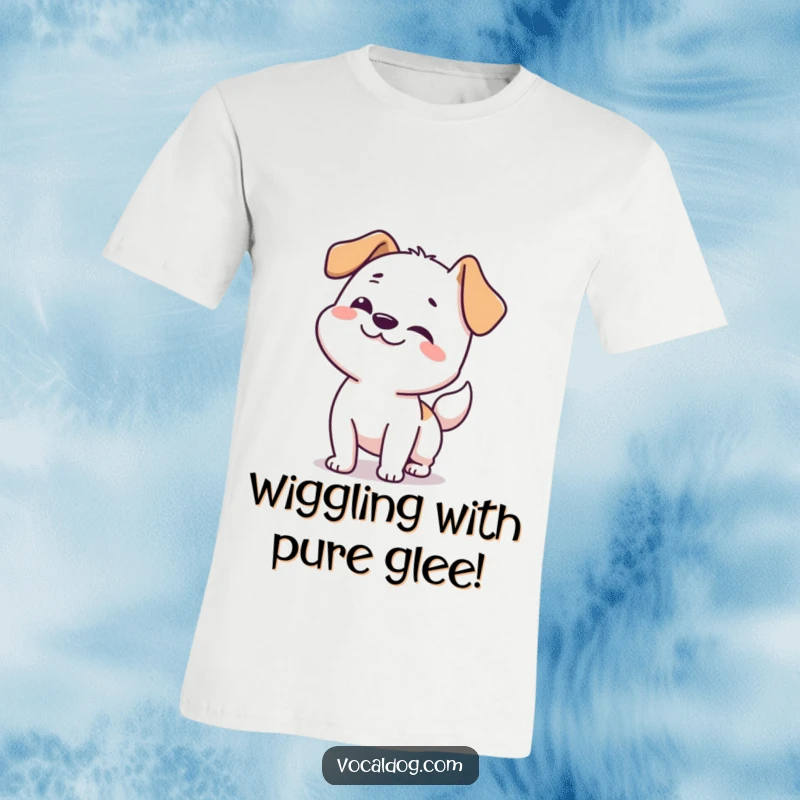 Funny dog t-shirt showcasing a dog's full-body happy wiggle, from nose to tail, full of excitement.