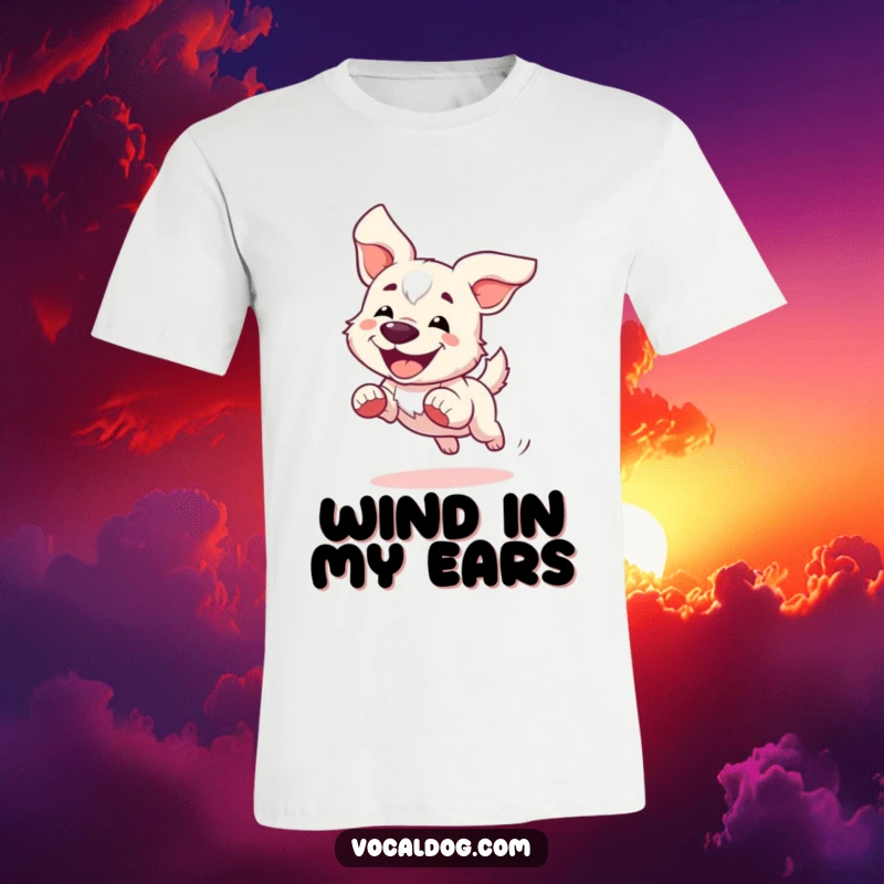 Funny T-Shirt depicting a dog joyfully running with ears flapping wildly in the wind, conveying pure exhilaration.