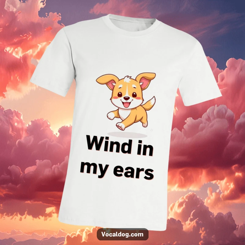 Funny t-shirt showing a dog mid-run, ears flying back, conveying an infectious sense of freedom and pure, unadulterated canine joy.