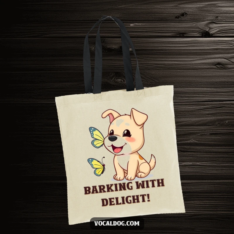 Funny dog tote bag with a happy dog barking a greeting to a butterfly, perfect for carrying essentials.