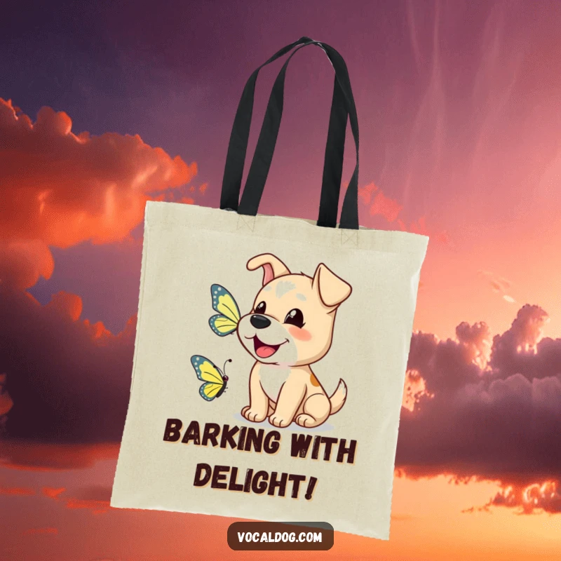 Funny dog tote bag with a happy dog barking a greeting to a butterfly, perfect for carrying essentials.