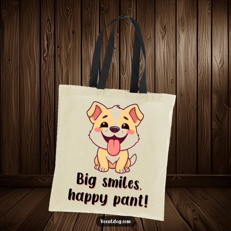 Funny dog tote bag with a smiling dog whose tongue is out, embodying pure happiness and joy.